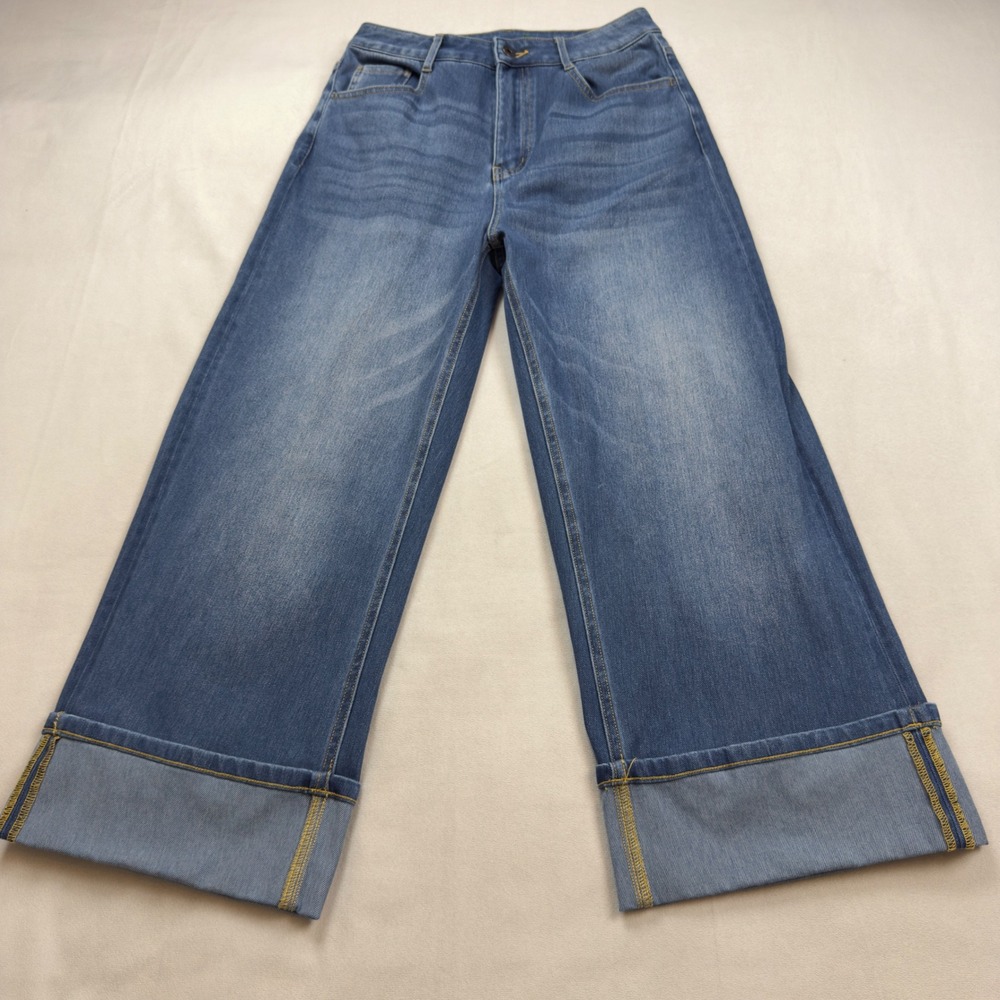 Halara Petite Wide Leg Rolled Hem Medium Wash High Rise Blue Denim Small Petite - Picture 2 of 10